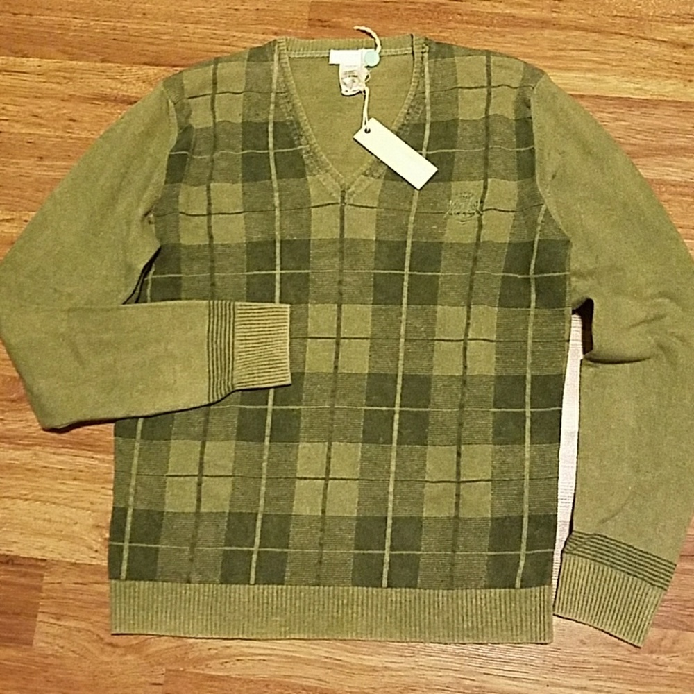 Diesel Italy V-neck Green Wool Plaid Sweater